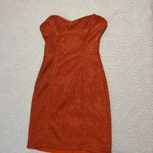 Fashion Nova Strapless Shimmering Orange Sheath Dress